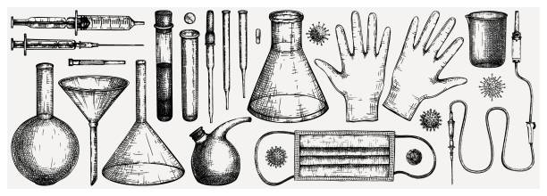 Medicine equipment vector set Medicine equipment and protectors against corona virus or other infection. Hand drawn pipette, flask, beaker, glass, tubes, funnel, pipettes, gloves, face masks drawings. Laboratory equipment sketches flask funnel stock illustrations