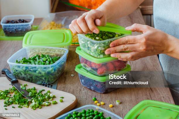 Close Up Of Woman Preparing Plastic Food Boxes Stock Photo - Download Image Now - Food, Container, Storage Compartment