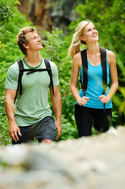 istock Happy outdoor couple with backpacks 121601540