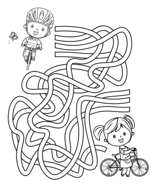 Vector illustration of Maze, Happy kids on bicycles