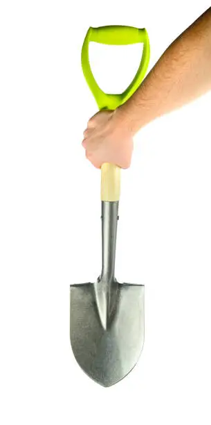 Photo of Gardening Shovel in Men Hand Isolated on White Background.