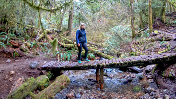 istock Mature female hiker walks along elevated boardwalk 1216020514
