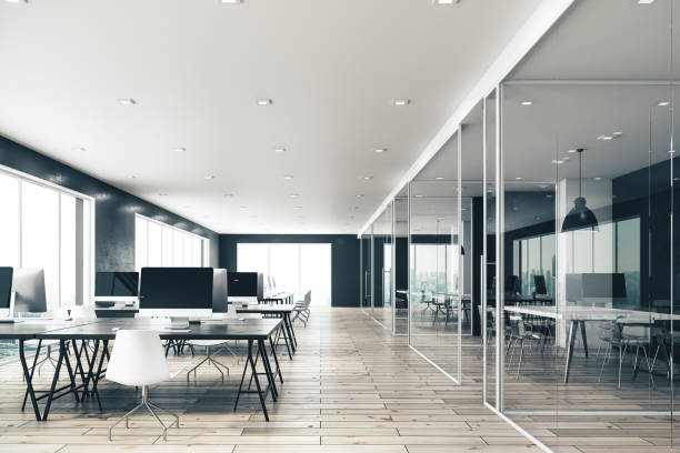 istock Minimalistic coworking glass office interior. 1216021238
