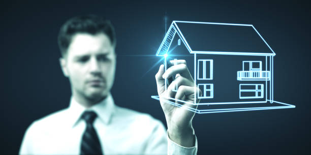 istock Businessman drawing glowing cottage 1216022157