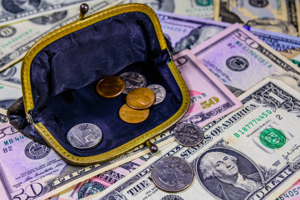 istock Old wallet with american cent coins over the dollar banknotes 1216023136
