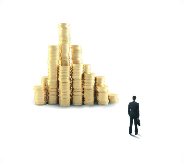 istock Businessman with briefcase looking on pile gold coins 1216023954