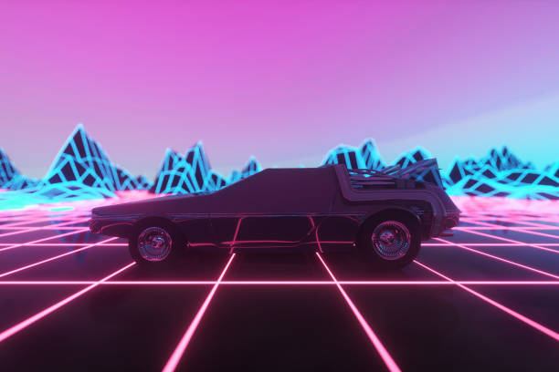 istock Retro future. 80s style sci-fi background with supercar. Futuristic retro car. 3d rendering 1216024784