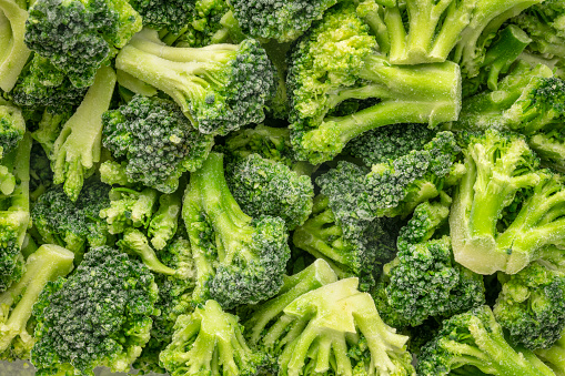 closeup background of frozen broccoli florets, healthy eating concept