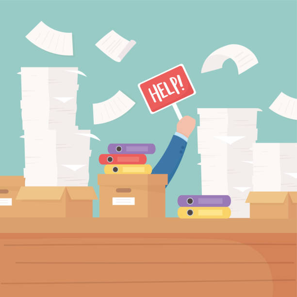 hand with help placard desk document paper office work frustration stress hand with help placard desk document pile paper office work frustration stress vector illustration crumbled piles of paper desk stock illustrations