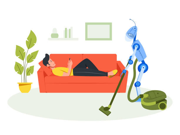 People relax, robots work. Color vector illustration Man lies on the sofa and looking smartphone. Happy robot with a broom sweeping the floor. Side view. Color vector cartoon flat illustration. Concept - people relax, robots work free chore backgrounds stock illustrations