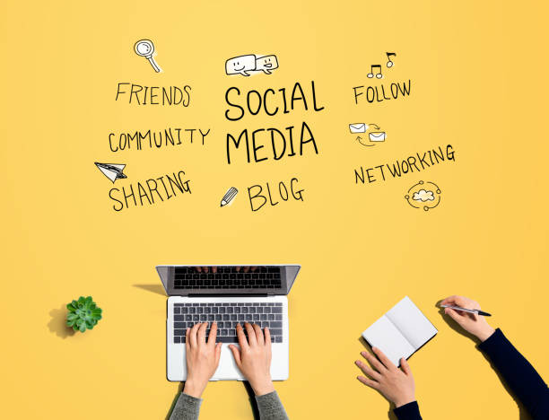istock Social media theme with people working together 1216027856