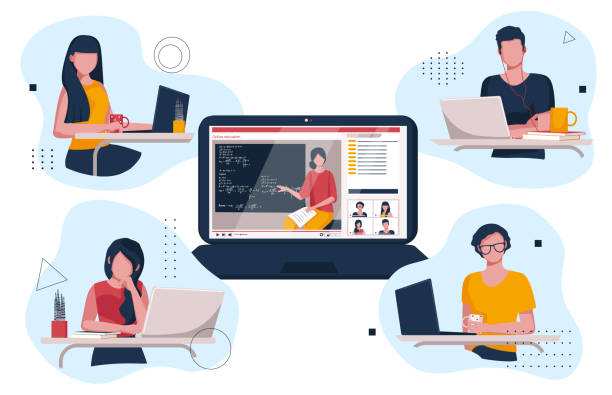 Teenagers watching videos on their laptops. Online training.  Students are watching the lesson online. Vector illustration of home teaching. Teenagers watching videos on their laptops. Online training.  Students are watching the lesson online. Vector illustration of home teaching. using laptop illustrations stock illustrations