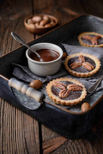 istock Dark chocolate ganache tarts topped with pecans, dusted with powdered sugar 1216029962