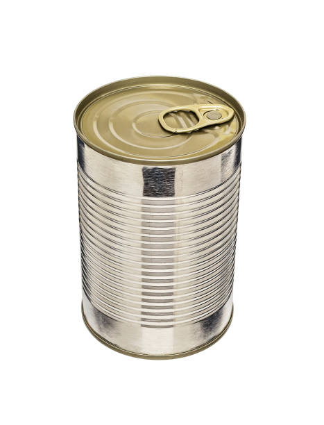 istock Ribbed cylindrical tin can with pull tab isolated on white background. Closed metal tin can without label. Mockup for design. 1216030713