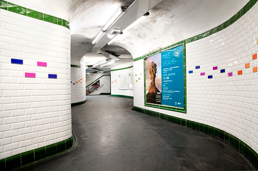 Parisian subway - RATP - is empty during pandemic Covid 19 in Europe. People  must stay at home and be confine, and a lot of them can't going at work.  Schools, restaurants, stores, museums... are closed. Paris, in France. March 30th, 2020.