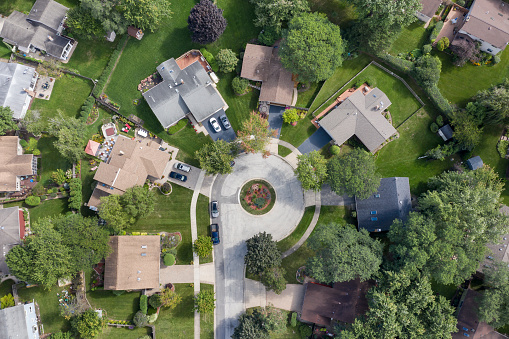Aerial view of a tree-lined neighborhood in a cul-de-sac in a Chicago suburb in summer.