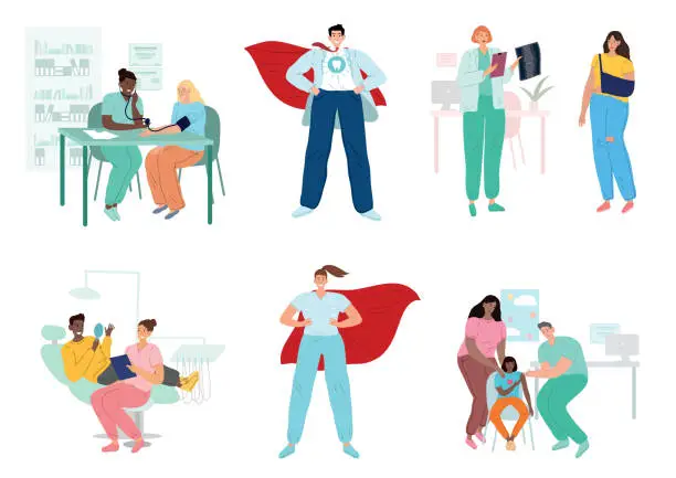 Vector illustration of Doctors and patients, diverse medical workers. Hospital, medicine.