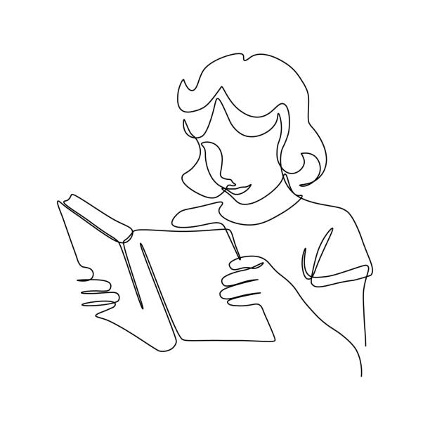 Girl reading book Girl reading book in continuous line art drawing style. Teen girl with paper book in hands minimalist black linear sketch isolated on white background. Vector illustration portrait drawings stock illustrations