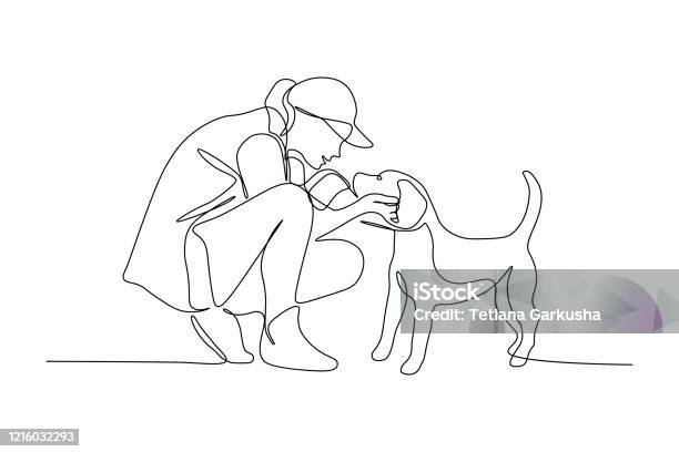 Ilustración de Mujer Con Perro y más Vectores Libres de Derechos de Perro - Perro, Diseño de trazado, Personas