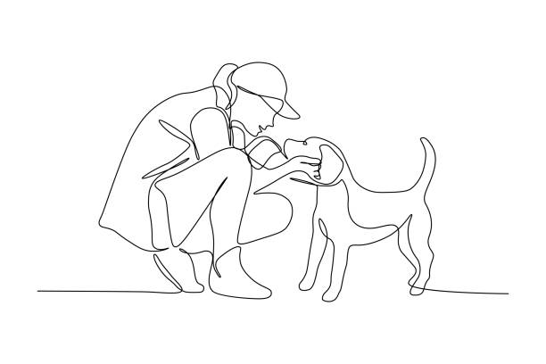 Woman with dog Woman embracing dog in continuous line art drawing style. Pet lover black linear sketch isolated on white background. Vector illustration people working together clip art stock illustrations
