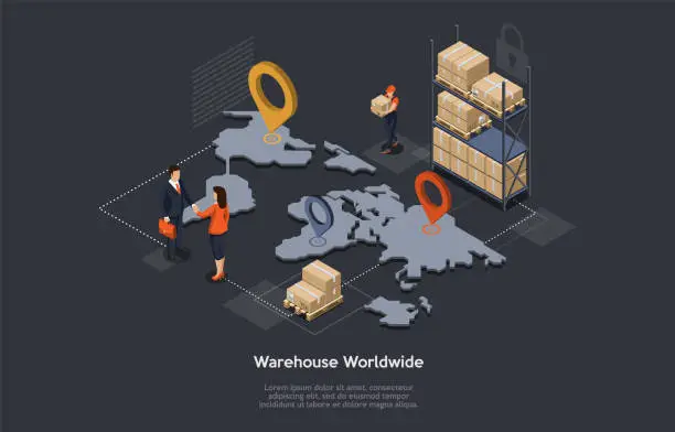 Vector illustration of Isometric Warehouse, Maritime And Overland Transport Logistics. Worldwide Delivery And Global Logistics With Staff, Goods, World Map And Tags. Manager And Customer Shake Hands. Vector Illustration