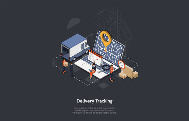 isometrisches online cargo delivery tracking system mit gps-position von van auf der karte. city logistics home and office. arbeiter liefern waren und überwachen den standort des transporters. vektor-illustration - delivery van distribution warehouse vector shipping stock-grafiken, -clipart, -cartoons und -symbole