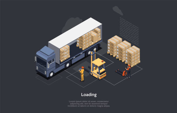 ilustrações de stock, clip art, desenhos animados e ícones de isometric warehouse work process concept. on time delivery home and office. delivery truck, forklift for loading pallets, workers control process of loading and unloading cargo. vector illustration - globe occupation working world map