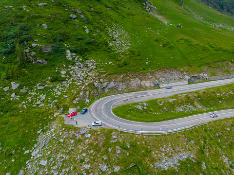 Romania. Transfagaras. Drone. Aerial view. Winding road in the mountains.