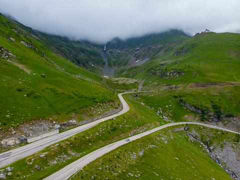 Romania. Transfagaras. Drone. Aerial view. Winding road in the mountains.