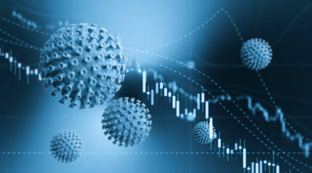 blue viruses over financial bar graph - covid-19 stock market and finance concept - bar graph imagens e fotografias de stock