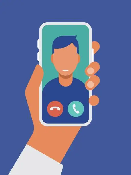 Vector illustration of Illustration of hand holding smart phone with video call on screen