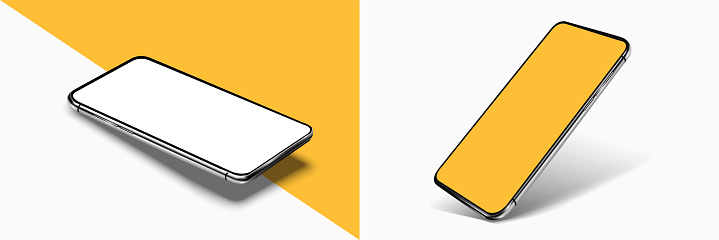 Smartphone frame less blank screen mockup, rotated position. 3d isometric illustration cell phone. Smartphone perspective view.