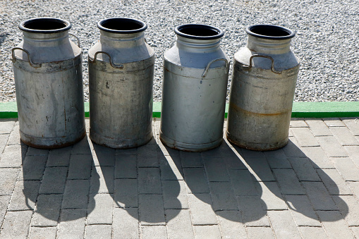 group of old metal cans for milk transport and handling