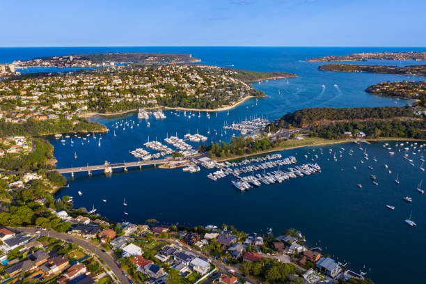 Spit Bridge sydney Aerial view of Middle Harbour in Sydney. marina photos stock pictures, royalty-free photos & images