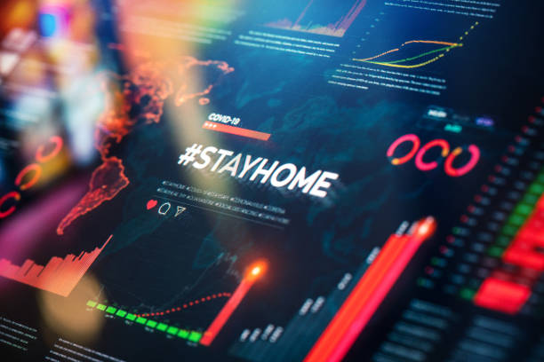 istock #stayhome. Stay home hashtag close-up on digital display 1216045696