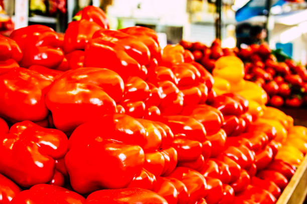 Closeup of various vegetables sold in Mahane Yehuda Market, often referred to as The Shuk, is a marketplace in Jerusalem and one of the most famous in the Middle East