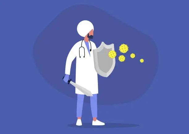 Vector illustration of Young indian male doctor fighting the virus with a sword and shield, healthcare, the immune system