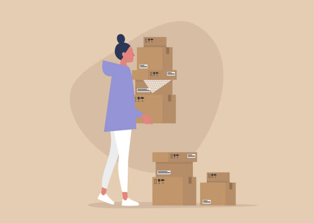 ilustraciones, imágenes clip art, dibujos animados e iconos de stock de carácter femenino joven sosteniendo una pila de cajas de cartón, servicio de entrega, mensajero - moving