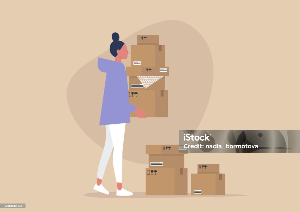 Jeune caractère féminin retenant une pile de boîtes en carton, service de livraison, courrier - clipart vectoriel de Boîte libre de droits