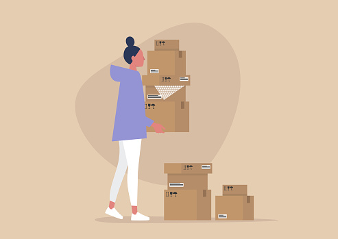 Young female character holding a pile of cardboard boxes, delivery service, courier