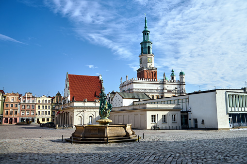 fountain with a statue of Neptune in the market square with Renaissance town hall tower in Poznan
