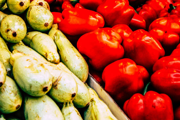 Closeup of various vegetables sold in Mahane Yehuda Market, often referred to as The Shuk, is a marketplace in Jerusalem and one of the most famous in the Middle East