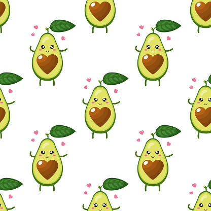 Seamless Pattern With Cute Cartoon Avocado Character In Love On White  Background Vector Illustration For Any Design Stock Illustration - Download  Image Now - iStock