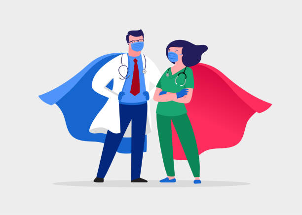 ilustrações, clipart, desenhos animados e ícones de super médico e enfermeiro usando máscaras médicas e capas, casal de super-heróis, ilustração de desenho animado vetorial - heroes