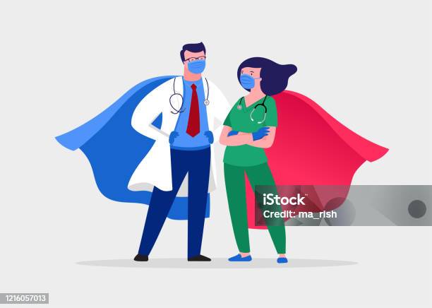 Vetores de Super Médico E Enfermeiro Usando Máscaras Médicas E Capas Casal De Superheróis Ilustração De Desenho Animado Vetorial e mais imagens de Heróis