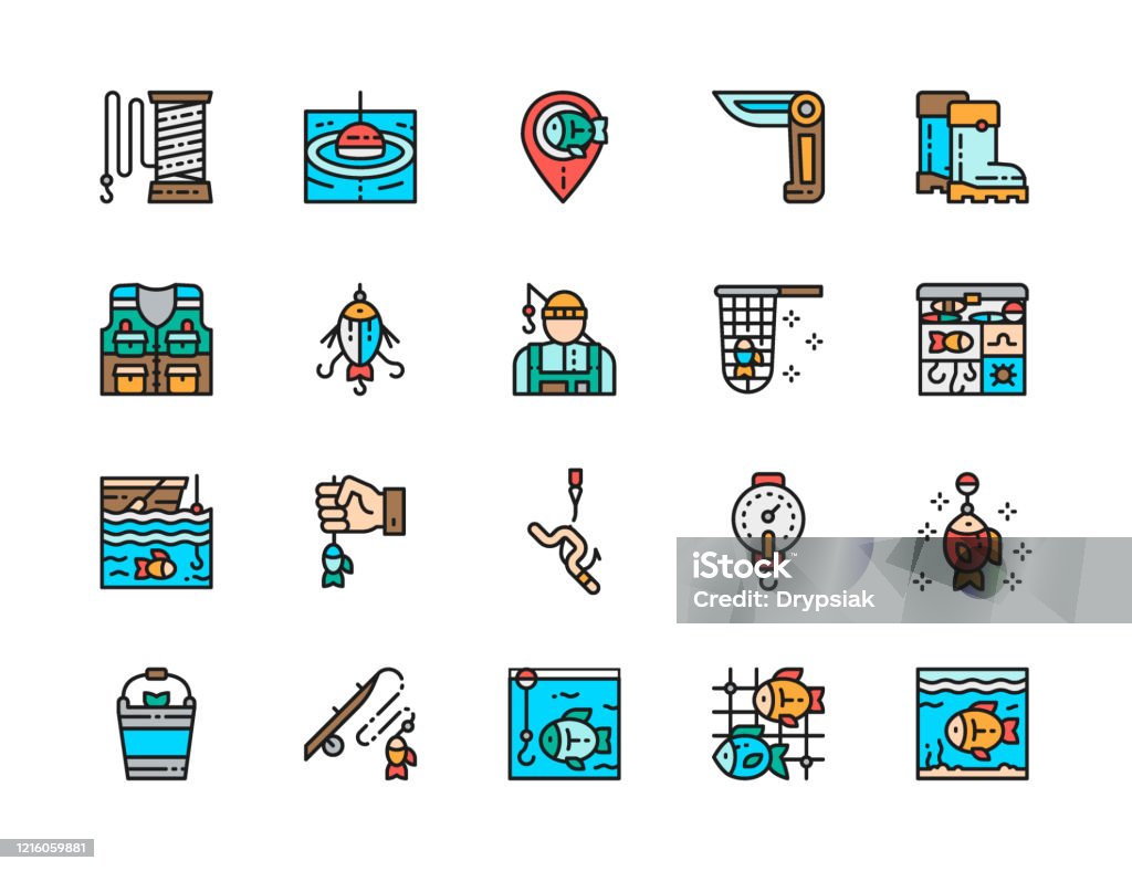 Set Of Fishing Flat Color Line Icons Jackknife Fisherman Tackle Box  Aquarium And More Stock Illustration - Download Image Now - iStock