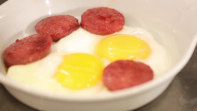 Fried egg with sausage in white pan