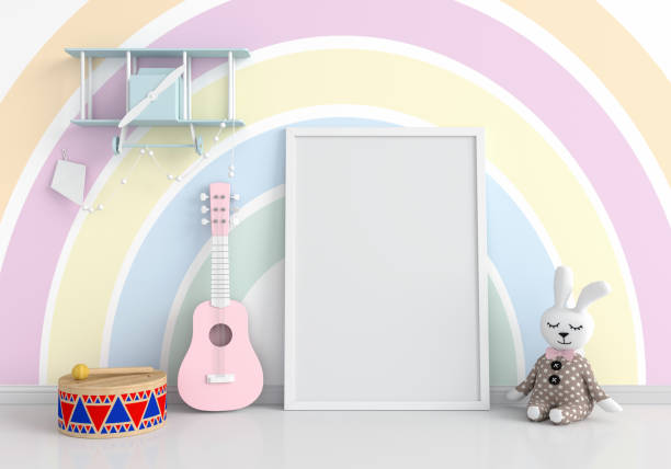 Empty photo frame for mockup in child living room, 3D rendering