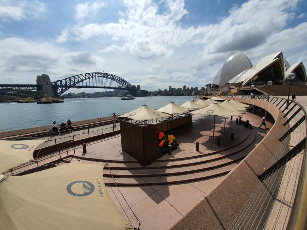 Opera house and Opera bar in Sydney are quiet and empty with people during covid 19 lock down, people stay at home. Australia:28-03-2020 stock photo
