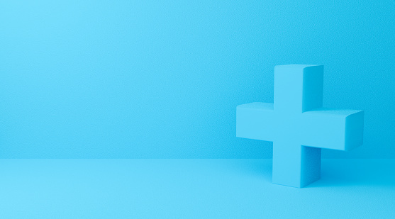 Además, firme sobre fondo abstracto azul. 3d símbolo cruzado para la salud, médico y farmacia. Diseño de renderizado 3D. photo
